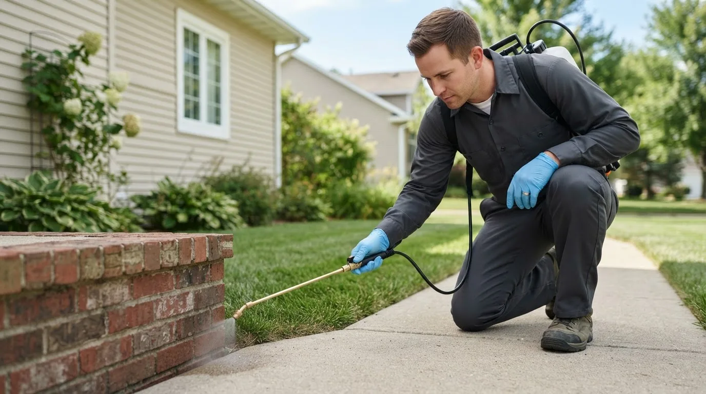 Pest control technician treating a home near Okawville, IL