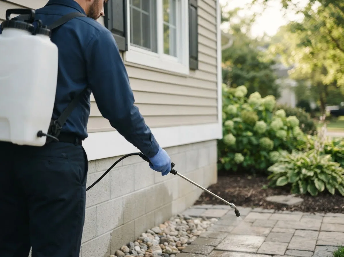 Pest control technician inspecting a home in Okawville, IL